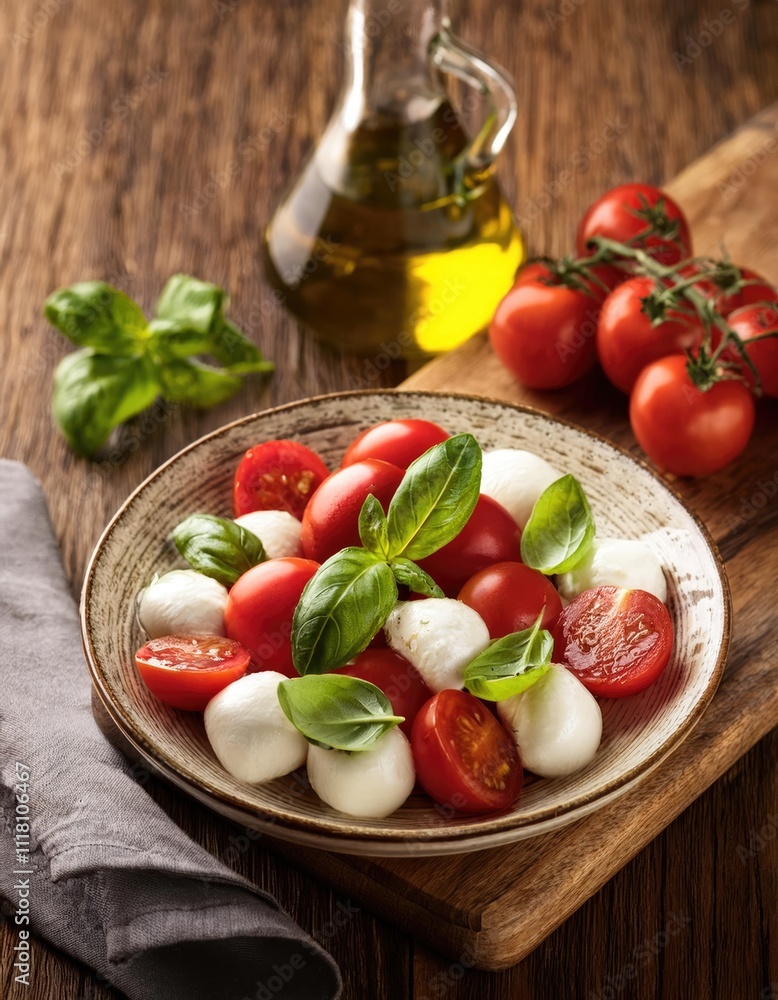 Caprese Salad.Mediterranean salad. Mozzarella cherry tomatoes basil and olive oil on old oak table. Italian cuisine Caprese Salad.Mediterranean salad. Mozzarella cherry tomatoes basil and olive oil on old oak table. Italian cuisine