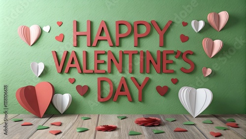 Happy Valentine's Day Card with 3D Hearts on Green Background