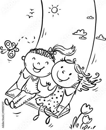 Children on swings. Hand drawn cartoon kids swinging. Doodle two girls playing outdoor. Outline vector illustration