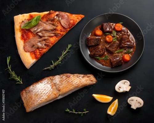 Delicious Variety of Italian Pizza, Beef Stew, and Grilled Fish Dishes