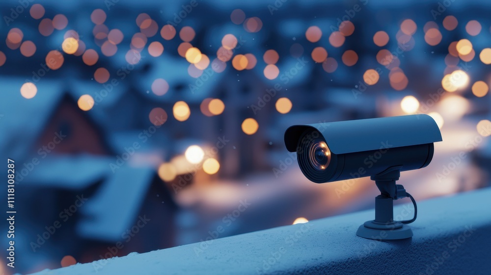 Security Camera on Snowy Rooftops at Night Christmas Lights Security Camera on Snowy Rooftops at Night Christmas Lights