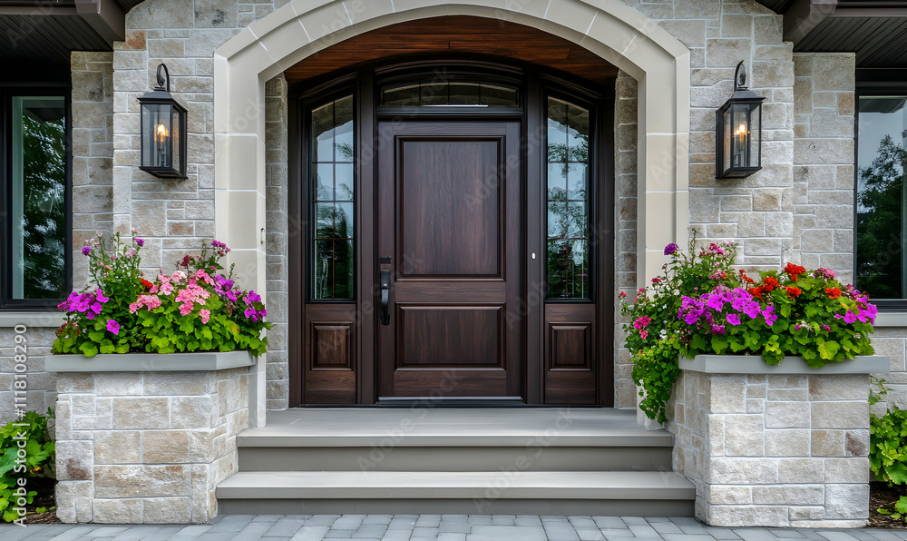 Elegant home entrance with dark wood door, stonework, and vibrant flower planters. Perfect for real estate, home decor, and architectural design. Elegant home entrance with dark wood door, stonework, and vibrant flower planters. Perfect for real estate, home decor, and architectural design.