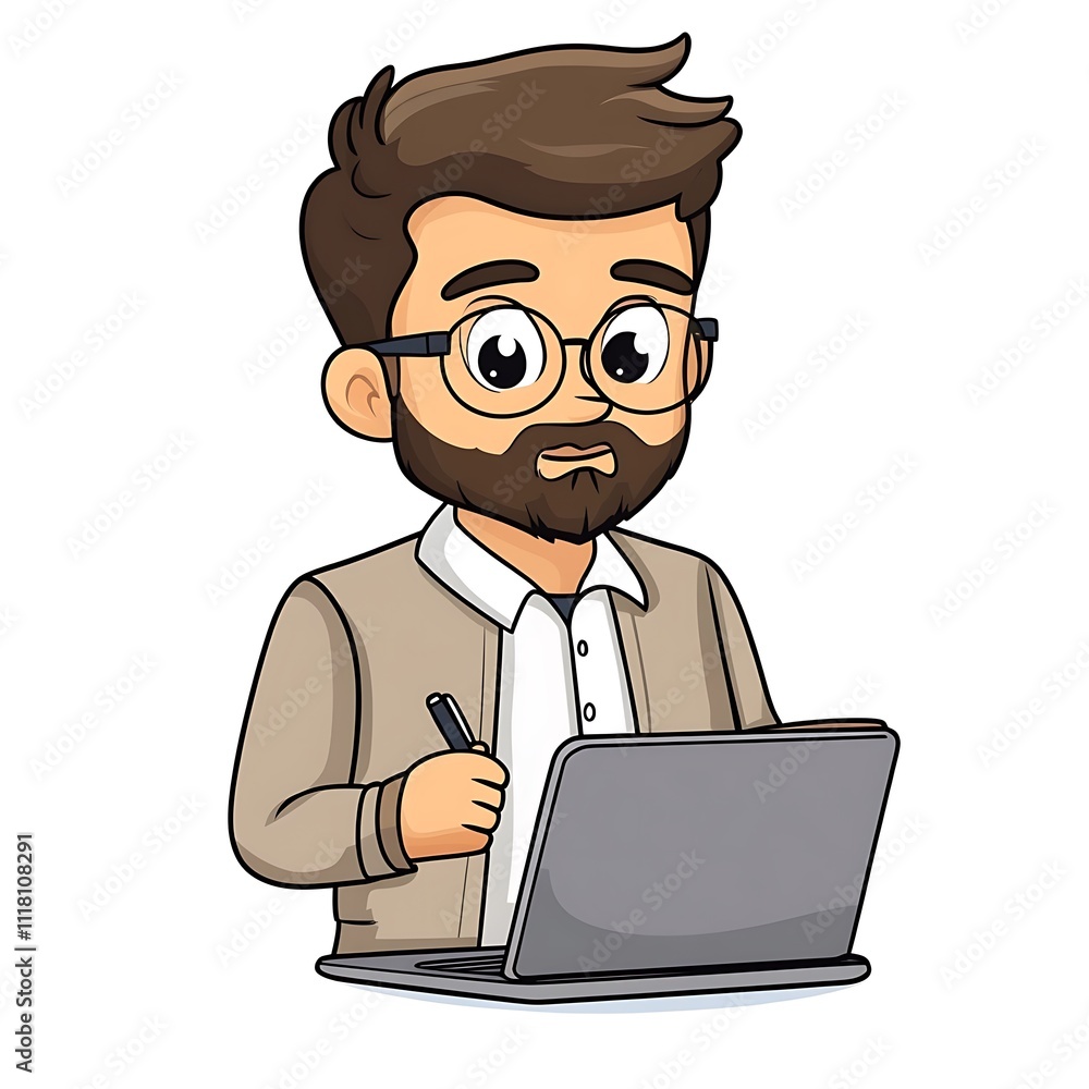 Cartoon sales guy in a smart casual outfit, holding a pen and looking at a laptop screen on a white background. Cartoon sales guy in a smart casual outfit, holding a pen and looking at a laptop screen on a white background.