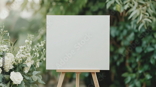 A 24 x 18 inches blank signboard mockup on an elegant easel with a wedding backdrop of fresh green foliage and soft white flowers. The clean, empty sign offers a blank canvas for wedding messages, photo