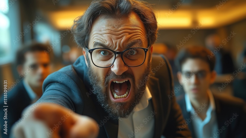 Angry boss shouts at scared employee in office. Businessman yells at worker. Furious leader points at fearful subordinate. Office setting during meeting presentation. Tension, stress in corporate Angry boss shouts at scared employee in office. Businessman yells at worker. Furious leader points at fearful subordinate. Office setting during meeting presentation. Tension, stress in corporate