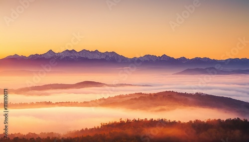 Golden Dawn Illuminates Misty Mountain Peaks background 2