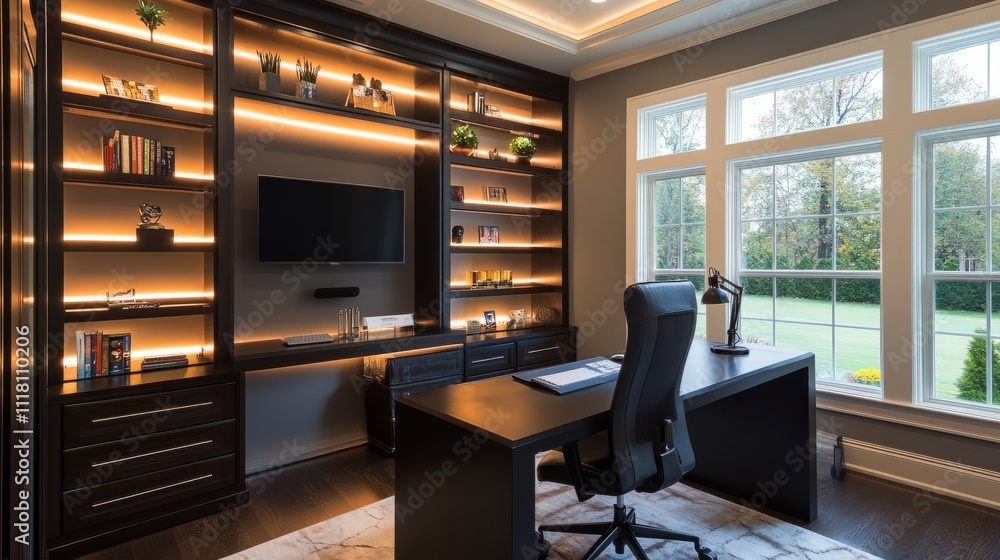 Tech-forward home office with a sleek desk, high-back ergonomic chair, and ambient lighting integrated into the shelving Tech-forward home office with a sleek desk, high-back ergonomic chair, and ambient lighting integrated into the shelving
