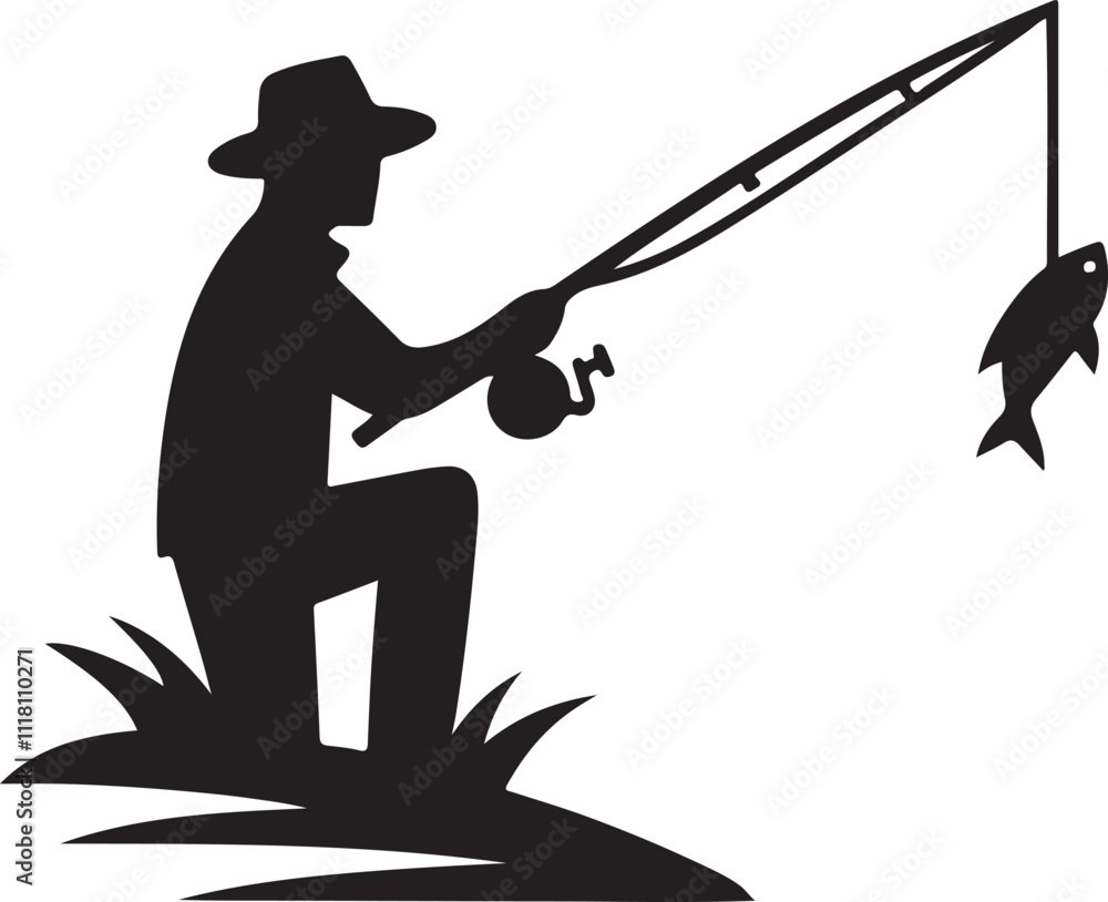 Fishing Silhouette: Angler Catching Fish, Stock Image Fishing Silhouette: Angler Catching Fish, Stock Image