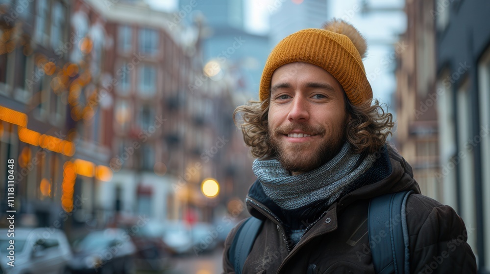 Charming winter day in the city with a smiling young man wearing a cozy hat and scarf. Generative AI Charming winter day in the city with a smiling young man wearing a cozy hat and scarf. Generative AI