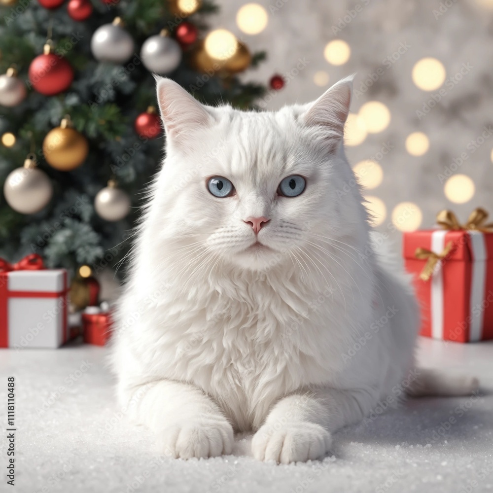 white cat posing in front of the christmas tree and gifts white cat posing in front of the christmas tree and gifts