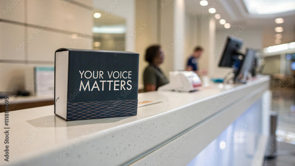 Fototapeta premium Your voice matters box on reception desk, emphasizing communication and feedback in modern office environment