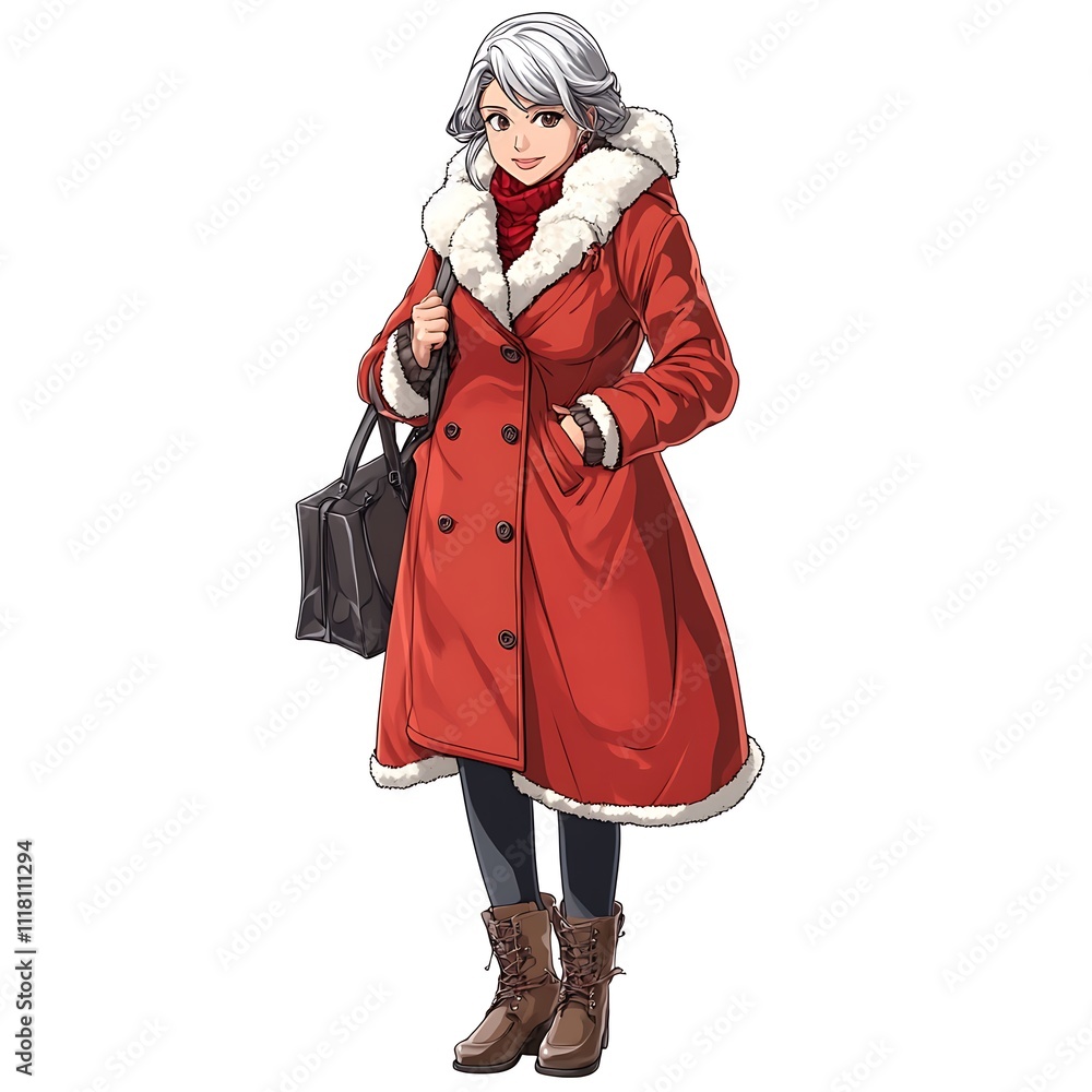 Anime middle-aged woman in a fashionable winter ensemble on a white background Anime middle-aged woman in a fashionable winter ensemble on a white background