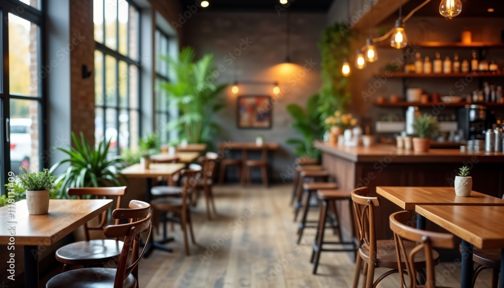 Urban cafe interior. Warm inviting atmosphere with wooden furniture. Natural light streams through large windows. Relaxed customers enjoy beverages, pastries. Rustic decor with plants, hanging Urban cafe interior. Warm inviting atmosphere with wooden furniture. Natural light streams through large windows. Relaxed customers enjoy beverages, pastries. Rustic decor with plants, hanging