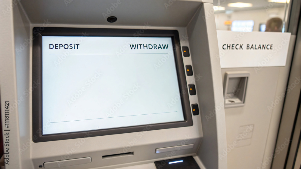 ATM machine with options for deposit, withdrawal, and balance check ATM machine with options for deposit, withdrawal, and balance check