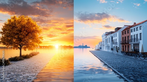 Fototapeta Naklejka Na Ścianę i Meble -  A charming European cobblestone street during golden hour, lined with colorful buildings, vintage bicycles parked along the walls, and small cafes with outdoor seating, Ultra-Realistic, Photo 