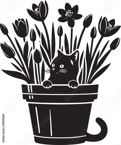Cat peeking out of a flower pot in spring black silhouette vector
