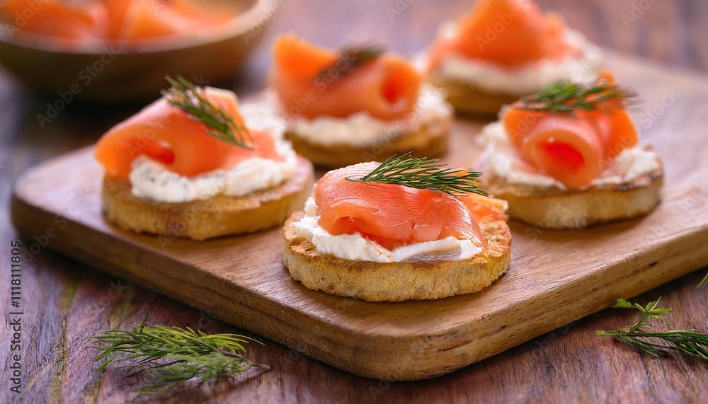 Festive Bites Smoked Salmon Canapes with Cream Cheese and Rosemary Garnishes on a Rustic Wooden Board Festive Bites Smoked Salmon Canapes with Cream Cheese and Rosemary Garnishes on a Rustic Wooden Board