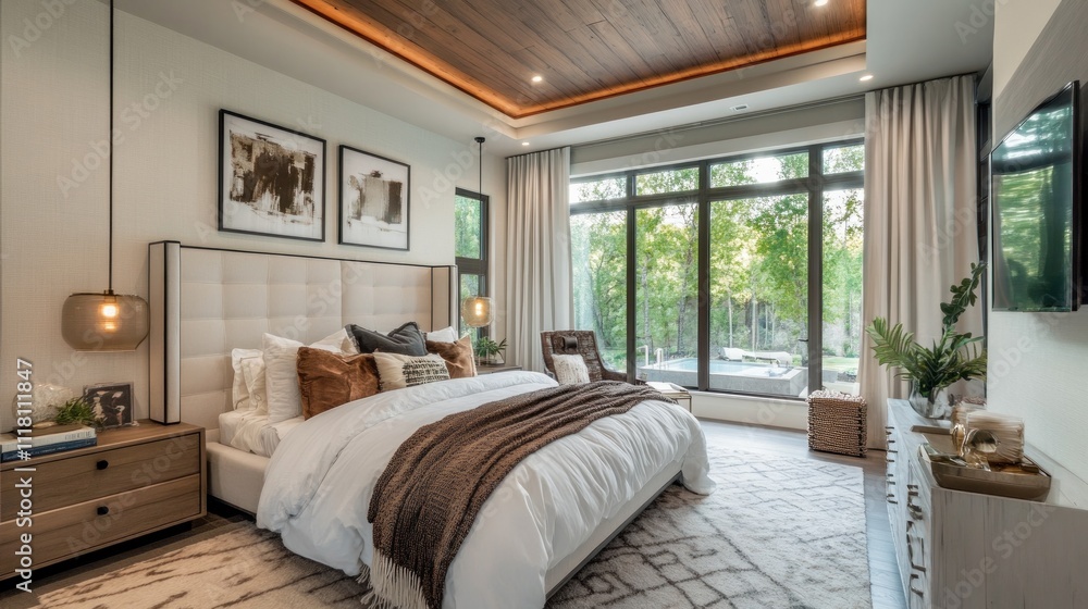 Modern Bedroom with Large Windows and a View of Nature Modern Bedroom with Large Windows and a View of Nature