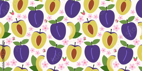 Fruit seamless pattern with plum and flowers. Vector tropical illustration. Abstract summer background.
