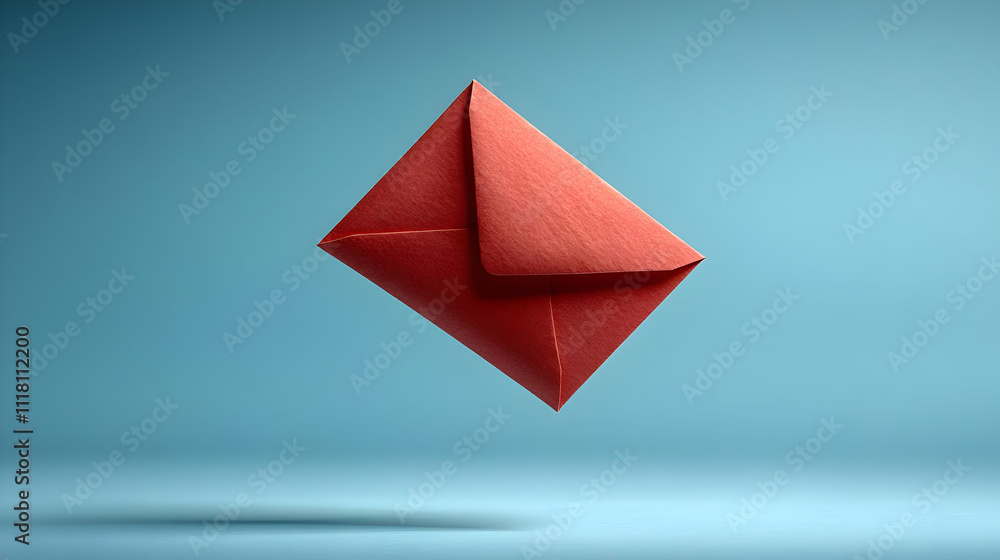 Plain blue background featuring a red envelope floating with copy space on the side. concept as A plain blue backdrop showcasing a red envelope floating in mid air symbolizing luck and good wishes wit Plain blue background featuring a red envelope floating with copy space on the side. concept as A plain blue backdrop showcasing a red envelope floating in mid air symbolizing luck and good wishes wit