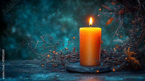 Plain dark background with a single illuminated candle symbolizing hope and epiphany with copy space concept as A plain dark background featuring a single illuminated candle symbolizing hope and epiph photo