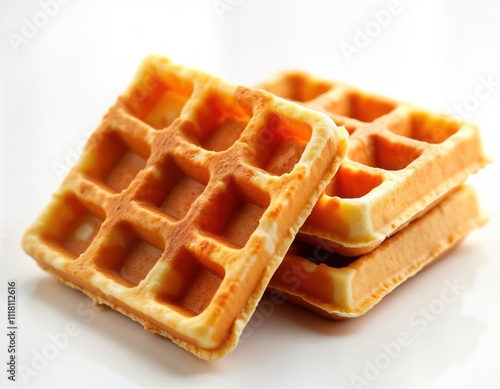 Stacked crispy waffles on white background. Squared shape. Golden brown color. Studio light. Perfect for food photography. Sweet treat. Baked dessert. Ideal for breakfast snack time. Crispy texture.