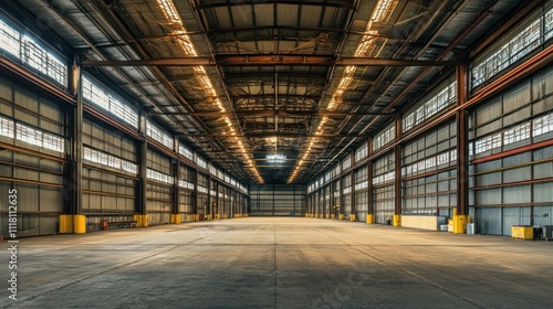 Empty Industrial Warehouse with Large Windows and Metal Beams