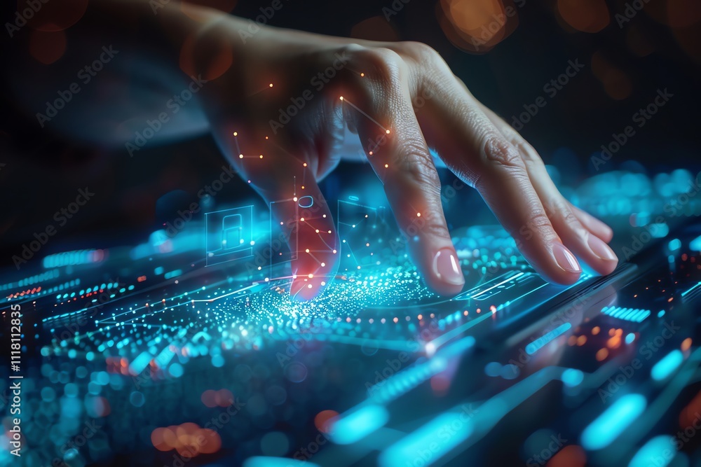Hand interacting with futuristic digital interface. (1) Hand interacting with futuristic digital interface. (1)