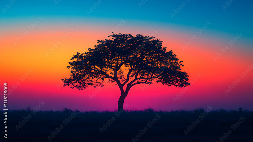 Plain gradient sunset background with a single silhouetted tree symbolizing realization and epiphany with copy space concept as A plain gradient sunset background featuring a single silhouetted tree s Plain gradient sunset background with a single silhouetted tree symbolizing realization and epiphany with copy space concept as A plain gradient sunset background featuring a single silhouetted tree s