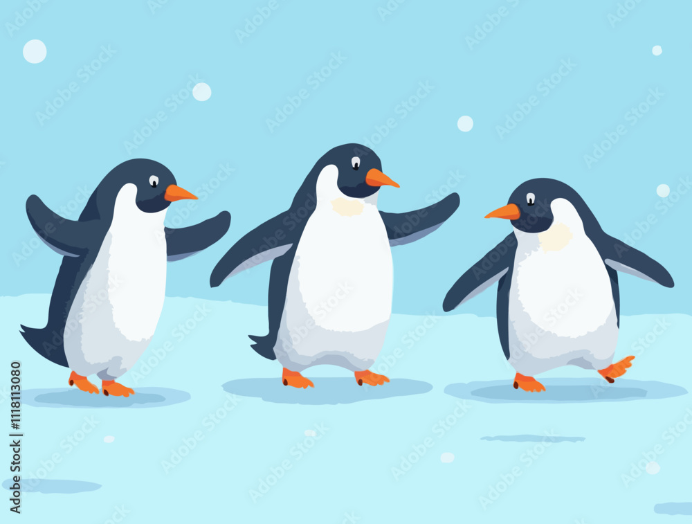 Obraz premium Vector illustration of three king penguins in the snow with frost, on blue background