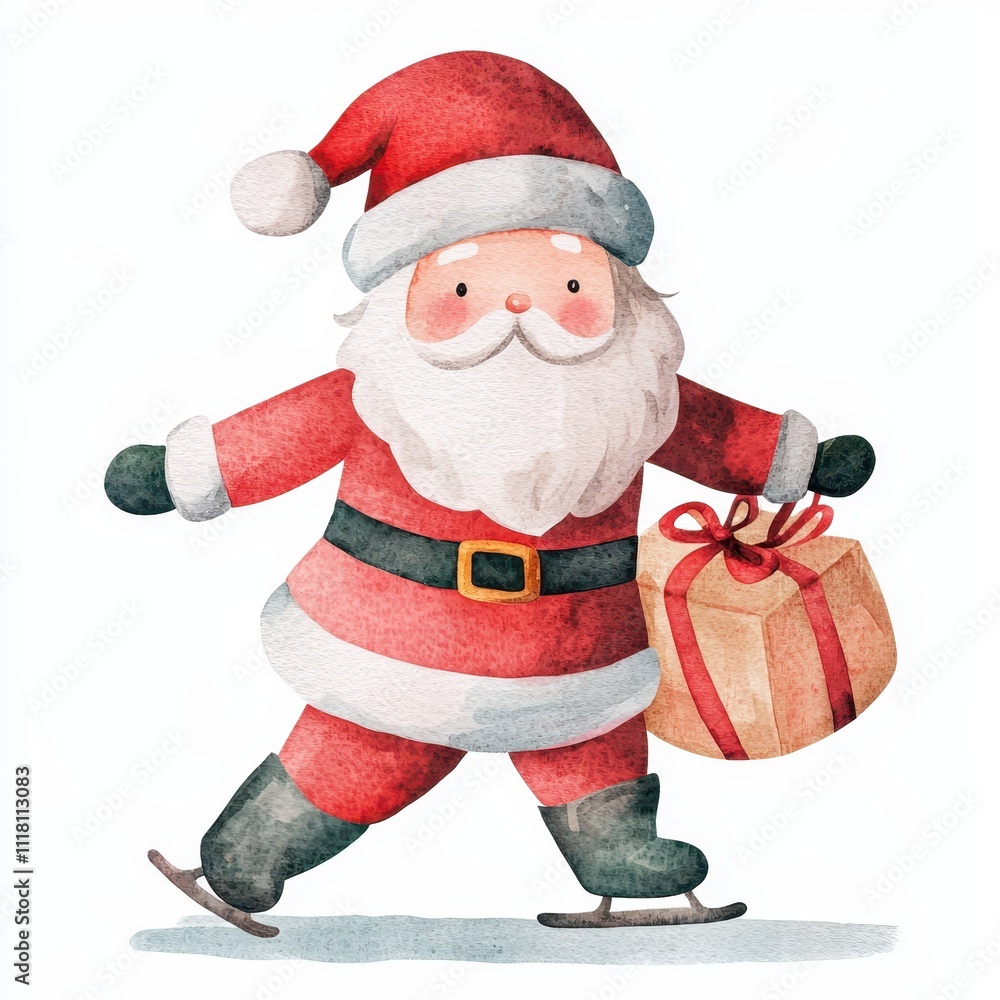 Cute Watercolor Santa Claus Ice Skating with Gift Christmas Illustration Holiday Card Design Cute Watercolor Santa Claus Ice Skating with Gift Christmas Illustration Holiday Card Design