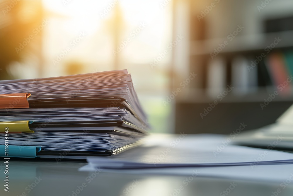 Close up of organized office documents with paper clip in a bright, modern workspace setting Close up of organized office documents with paper clip in a bright, modern workspace setting