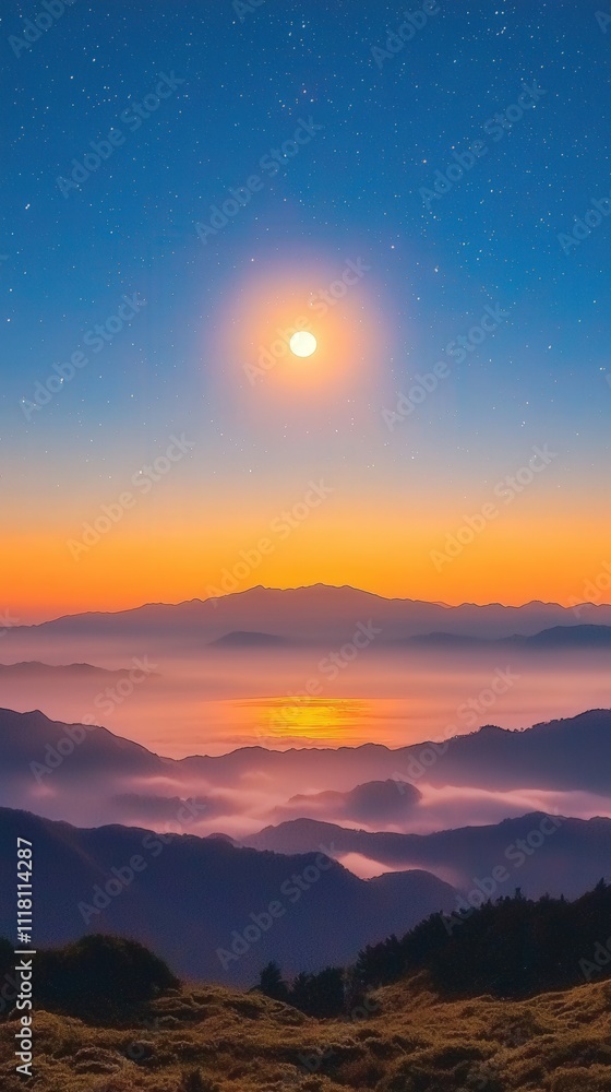 A breathtaking twilight scene showcases a glowing moon over misty mountains, with warm colors blending into a serene sky, evoking tranquility and beauty. A breathtaking twilight scene showcases a glowing moon over misty mountains, with warm colors blending into a serene sky, evoking tranquility and beauty.