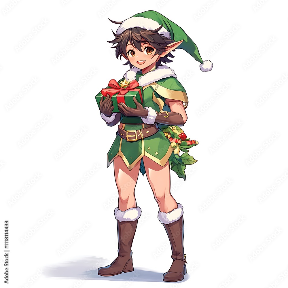 Anime Character Wearing Green Elf Costume, Holding Present on a White Background Anime Character Wearing Green Elf Costume, Holding Present on a White Background