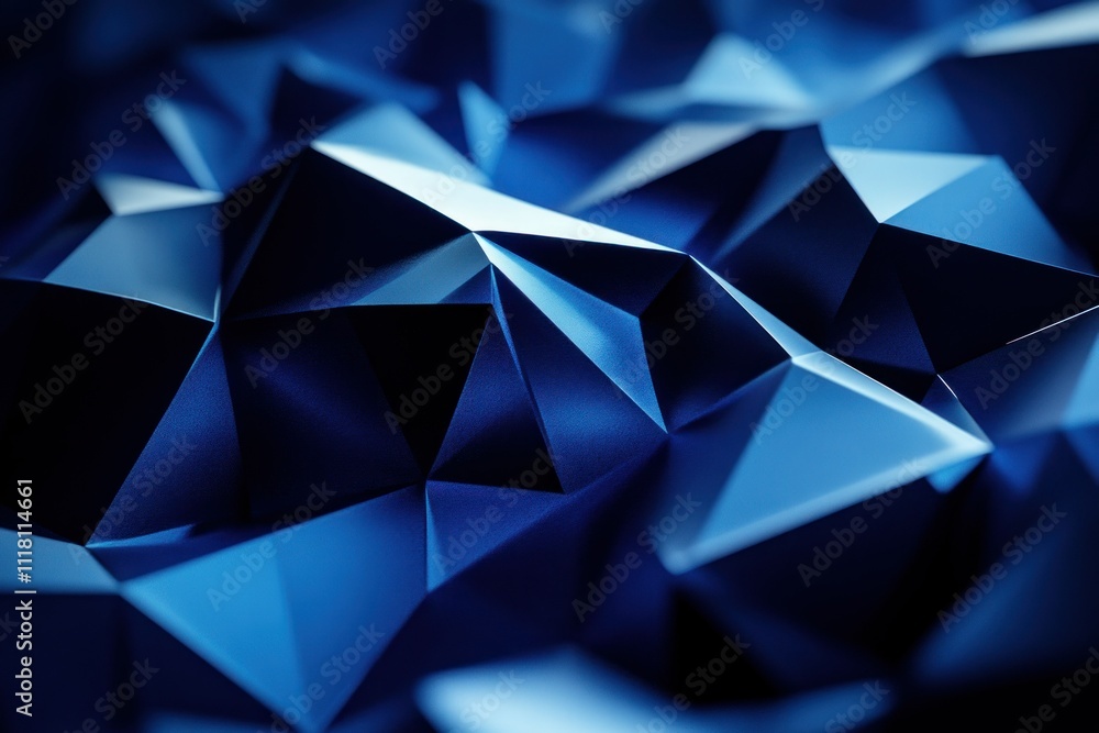 Abstract 3D polygonal surface in dark blue tones, emphasizing geometric design, technology, and minimalism Abstract 3D polygonal surface in dark blue tones, emphasizing geometric design, technology, and minimalism
