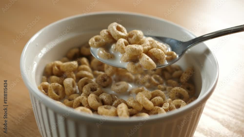 slow motion scooping honey cereal rings with a spoon from a bowl full of milk slow motion scooping honey cereal rings with a spoon from a bowl full of milk