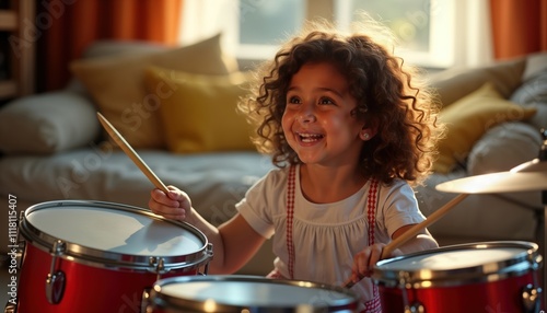 Happy little girl plays drums in living room. Child enjoys music, drumming. Indoor setting. Young girl drummer smiles happily. Adorable young musician. Cute expression. Musical enjoyment. Childhood photo