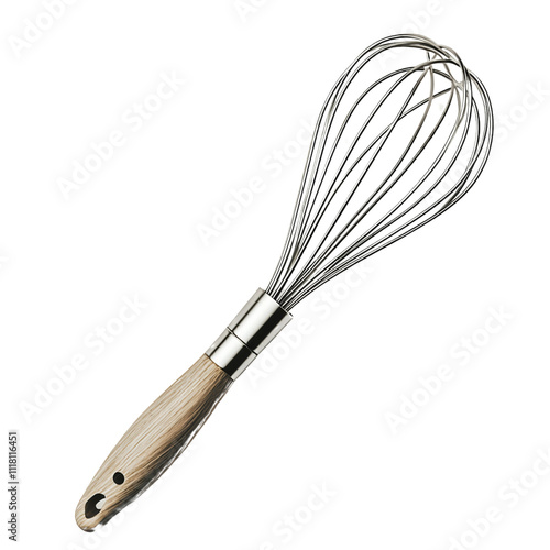 stainless steel whisk with wooden handle, perfect for mixing ingredients in kitchen. Its durable design and ergonomic grip make it essential tool for any cook.  png ,image transparent photo