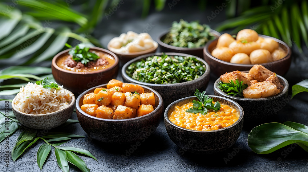 Pongal Family Feast Close up concept as Close up of a family feast table set with traditional Pongal dishes symbolizing togetherness and abundance captured in a realistic environment with copy space. Pongal Family Feast Close up concept as Close up of a family feast table set with traditional Pongal dishes symbolizing togetherness and abundance captured in a realistic environment with copy space.