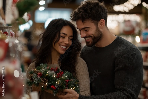 As they embrace the holiday spirit, this couple is seen smiling joyfully while holding a beautiful decorative wreath amidst a backdrop that radiates festive cheer and warmth.