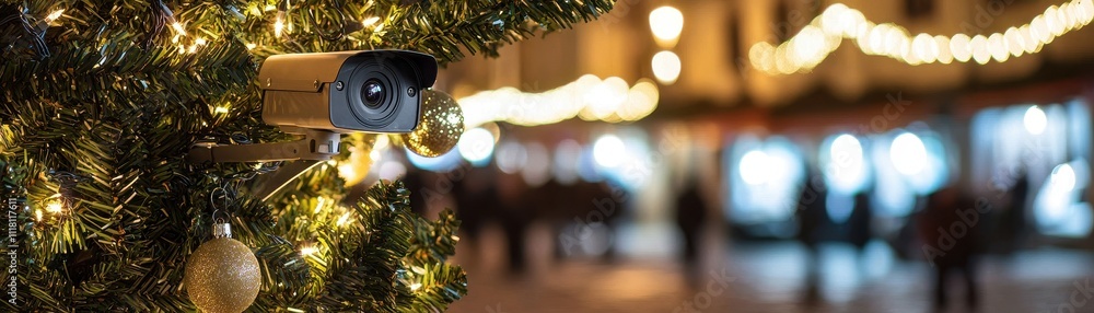 Festive Surveillance Hidden Security Camera on Christmas Tree in Town Square Festive Surveillance Hidden Security Camera on Christmas Tree in Town Square
