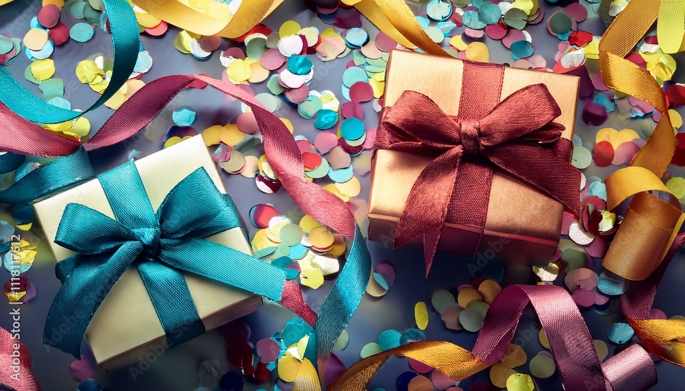 Colored confetti and ribbons with two gift boxes Colored confetti and ribbons with two gift boxes