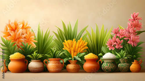 Wallpaper Mural Pongal Festive Icons Vector concept as Vector illustration of various Pongal festive icons like traditional pots kolam lamps rice and sugarcane representing celebration and cultural richness ideal for Torontodigital.ca