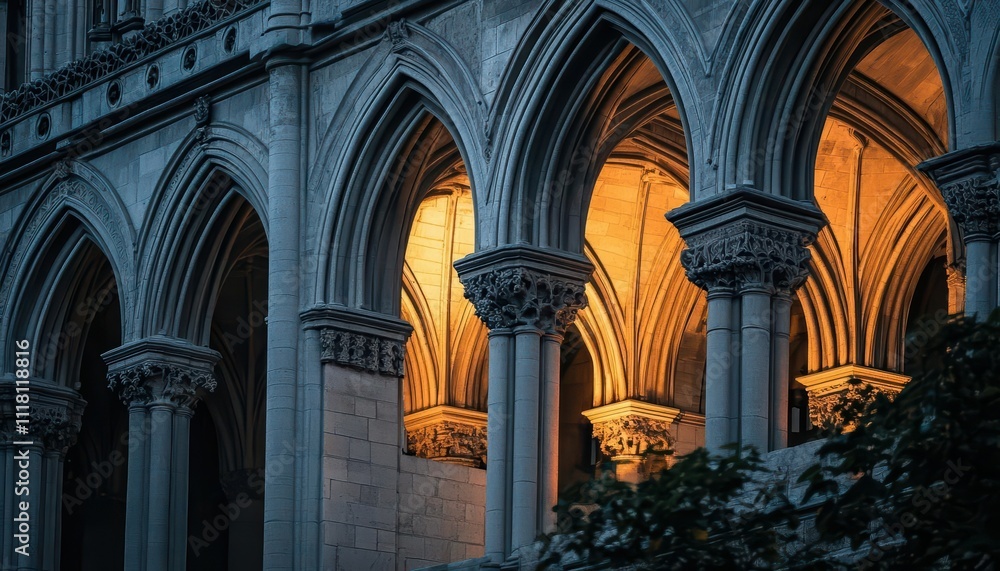 Fototapeta premium Architectural arches illuminated at dusk, showcasing intricate details.