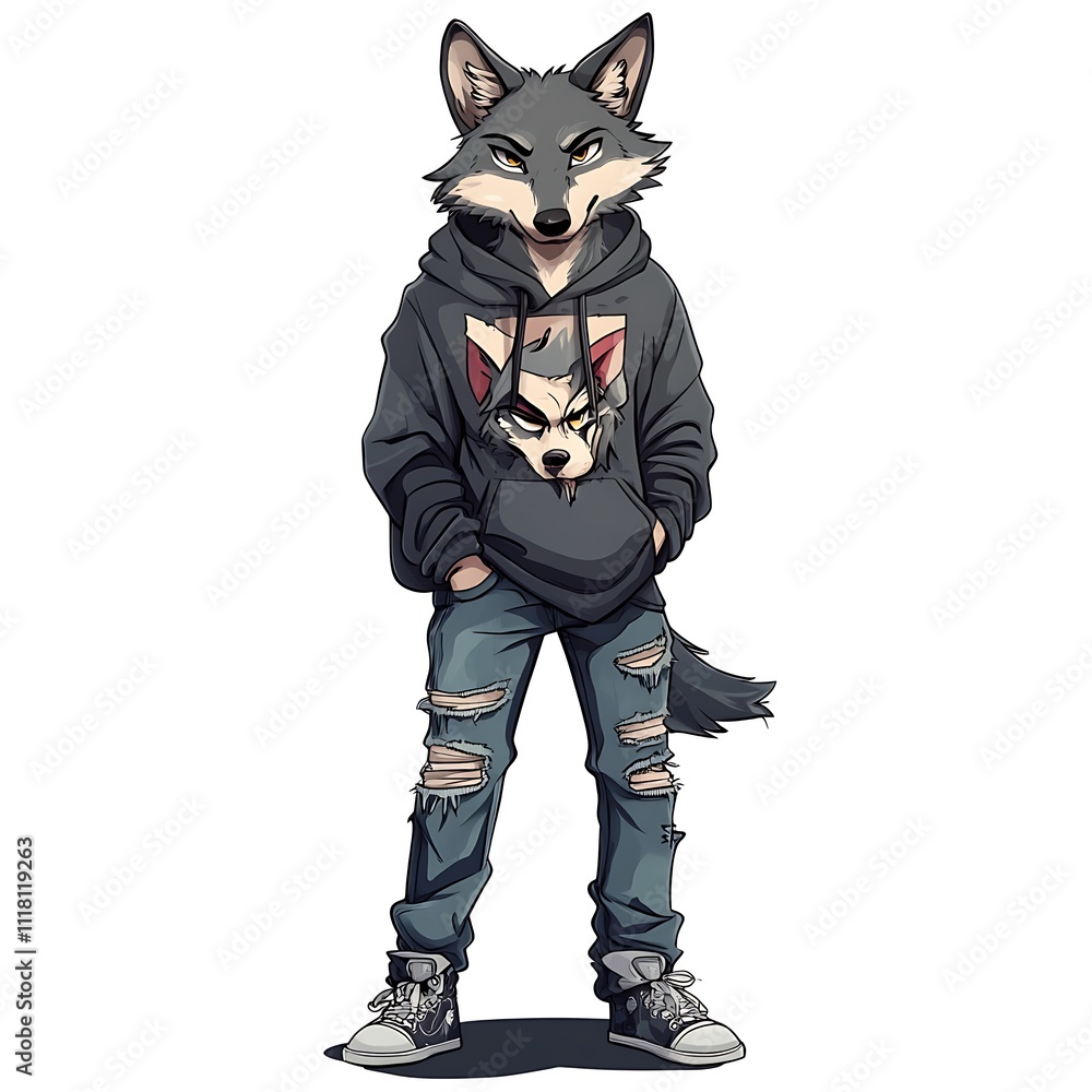 Cartoon wolf in a graphic hoodie and ripped jeans on a white background Cartoon wolf in a graphic hoodie and ripped jeans on a white background
