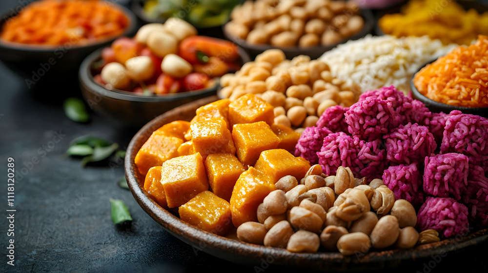 Pongal Sweets Macro concept as Macro shot of traditional Pongal sweets like sakkarai pongal and sweet rice highlighting textures and vibrant colors captured in a realistic environment with copy space. Pongal Sweets Macro concept as Macro shot of traditional Pongal sweets like sakkarai pongal and sweet rice highlighting textures and vibrant colors captured in a realistic environment with copy space.