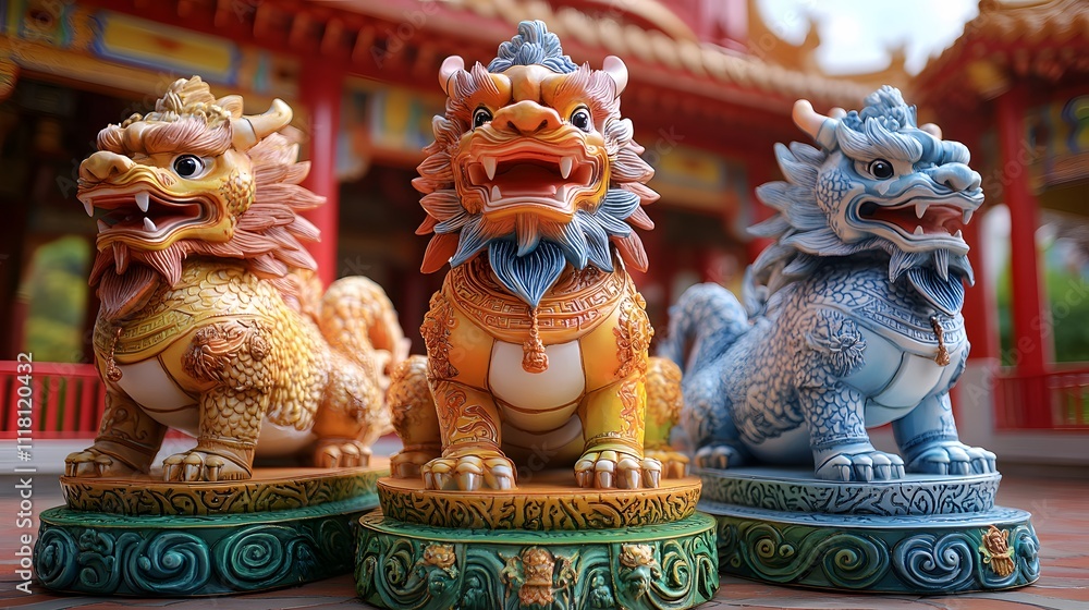 Fototapeta premium Animated 3D zodiac animal figures in a colorful Chinese New Year-themed park