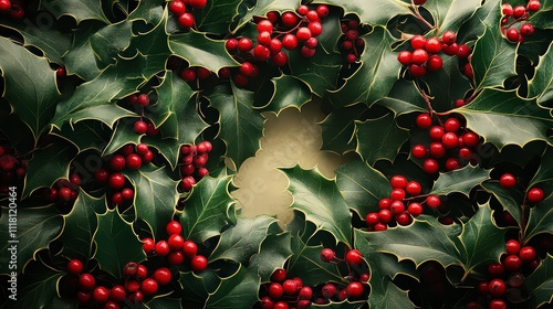 Vibrant holly leaves and red berries forming a festive wreath, symbolizing holiday tradition and natural beauty in seasonal decoration.