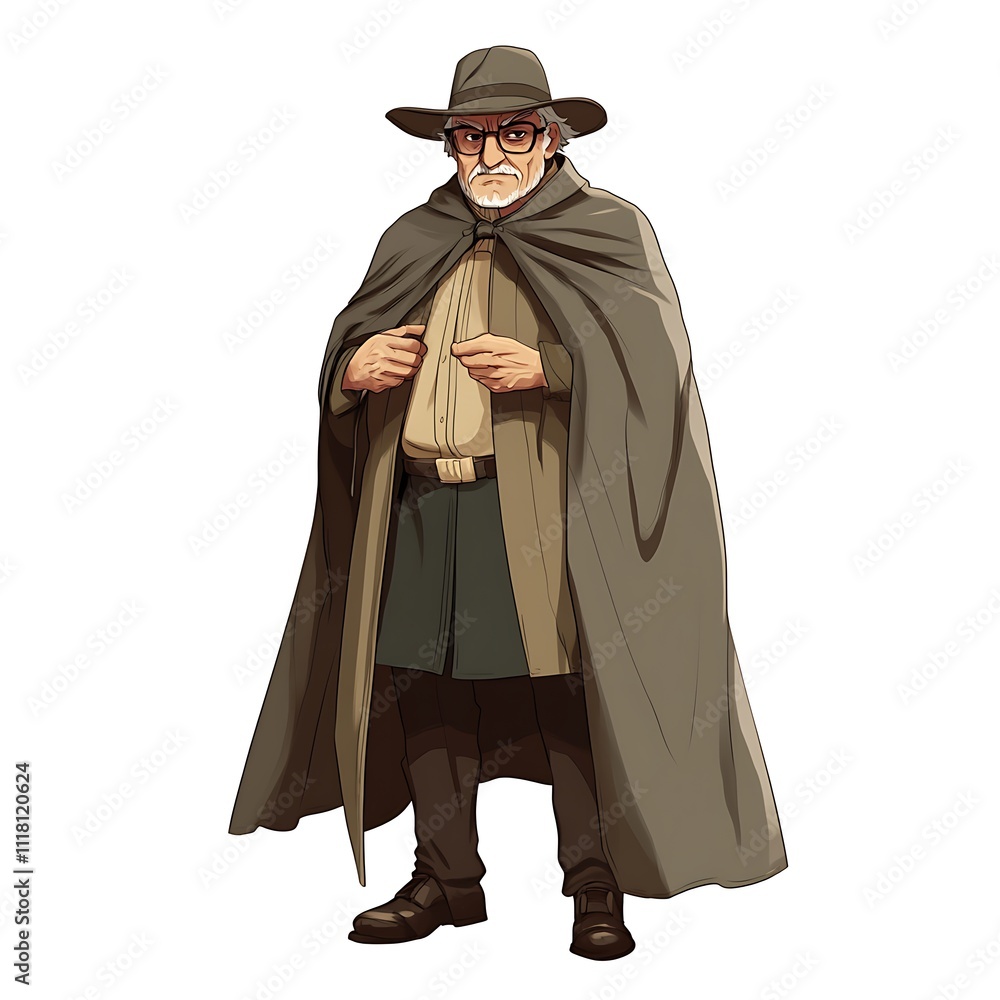 Anime elderly man in a cloak and hat on a white background Anime elderly man in a cloak and hat on a white background