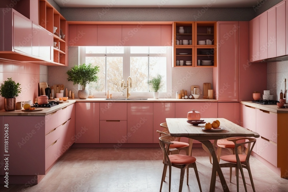 Fototapeta premium Bright Trendy Kitchen-Dining Room with Extremely Luxurious Smooth Design in Pink and Orange